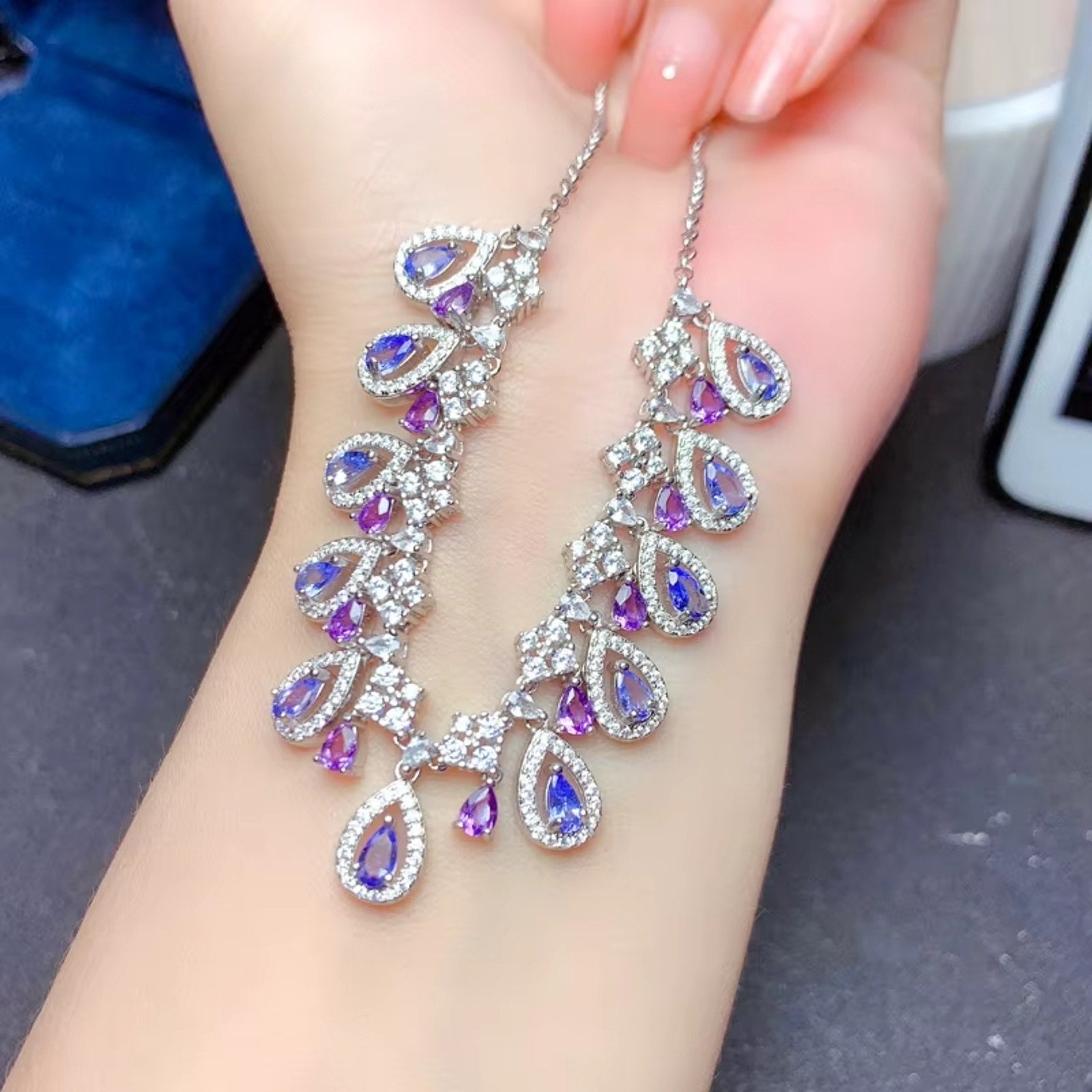 Natural Amethyst & Purple Tanzanite Gemstone Charm Necklace 925 Sterling Silver