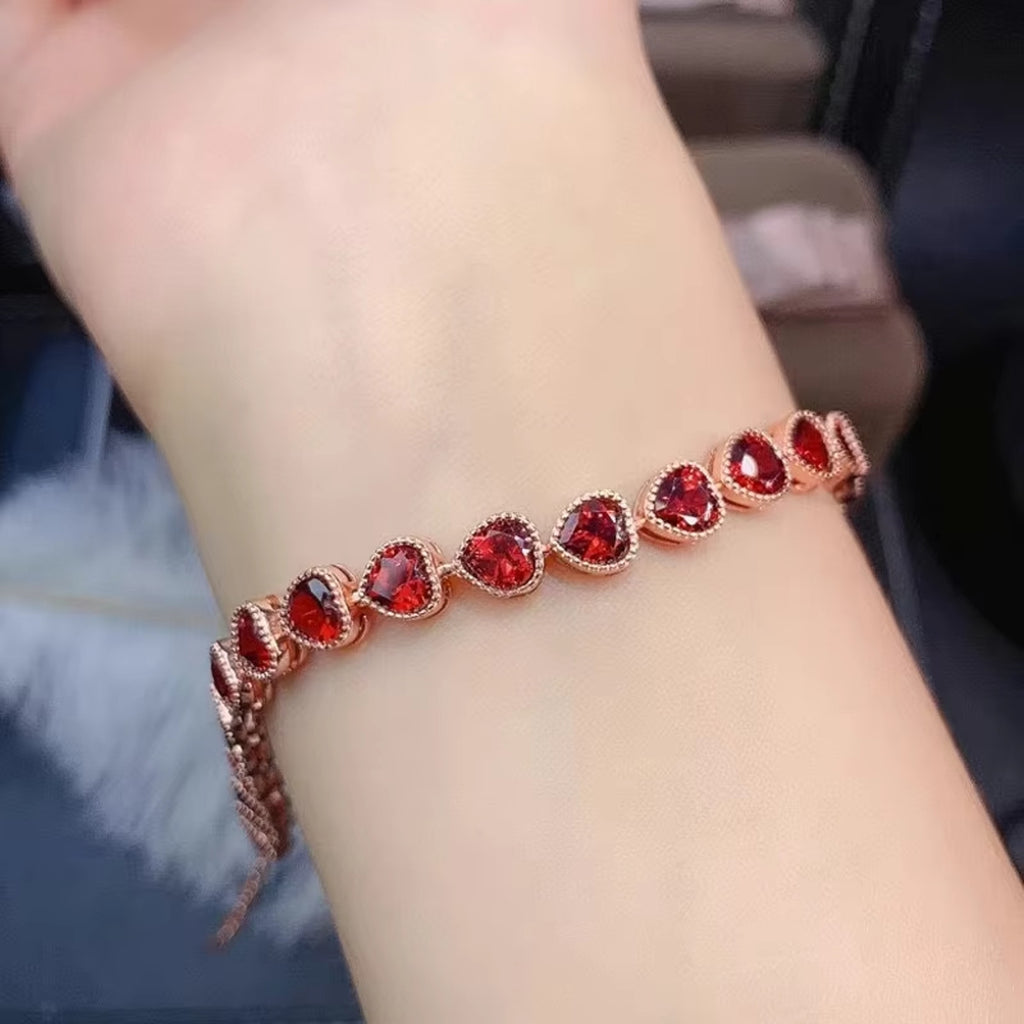 Red Garnet Gemstone Heart Bracelet 5mm 925 Sterling Silver