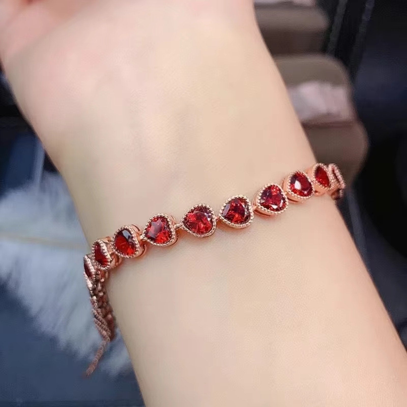 Red Garnet Gemstone Heart Bracelet 5mm 925 Sterling Silver