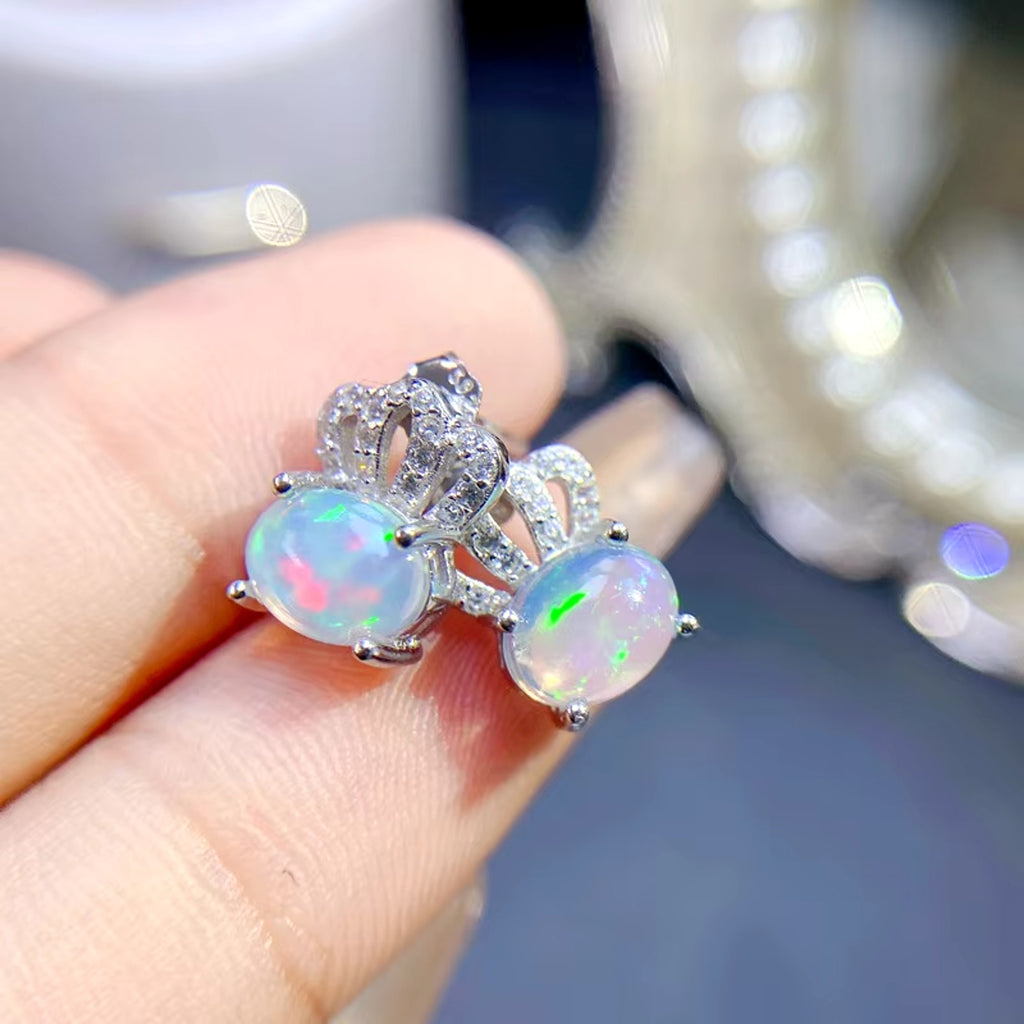 Natural Fire Opal Earrings, Fire Opal Crown Earrings 925 Sterling Silver 5x7mm