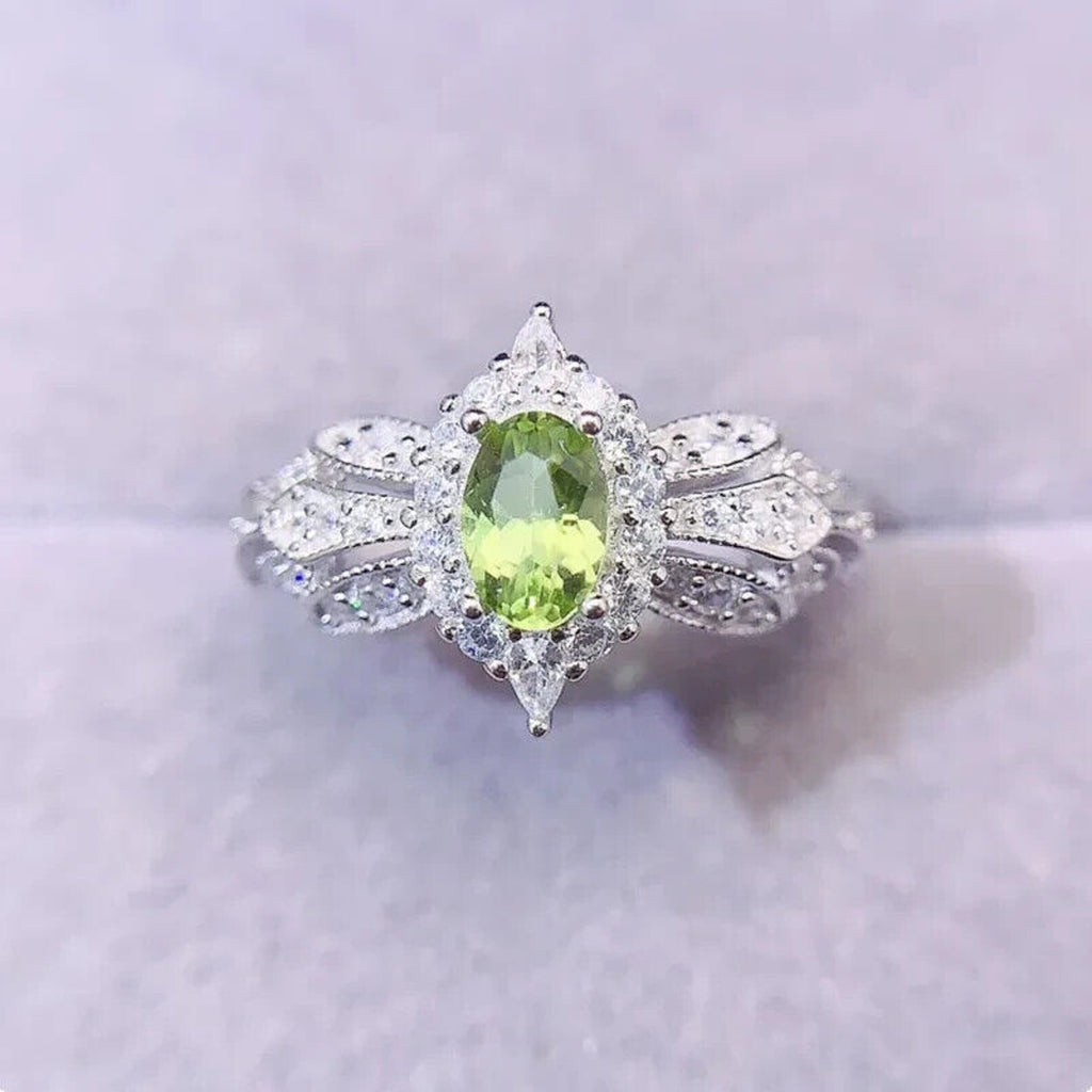 Natural Peridot Gemstone Ring 4x6mm, August Birthstone Peridot Ring Sterling