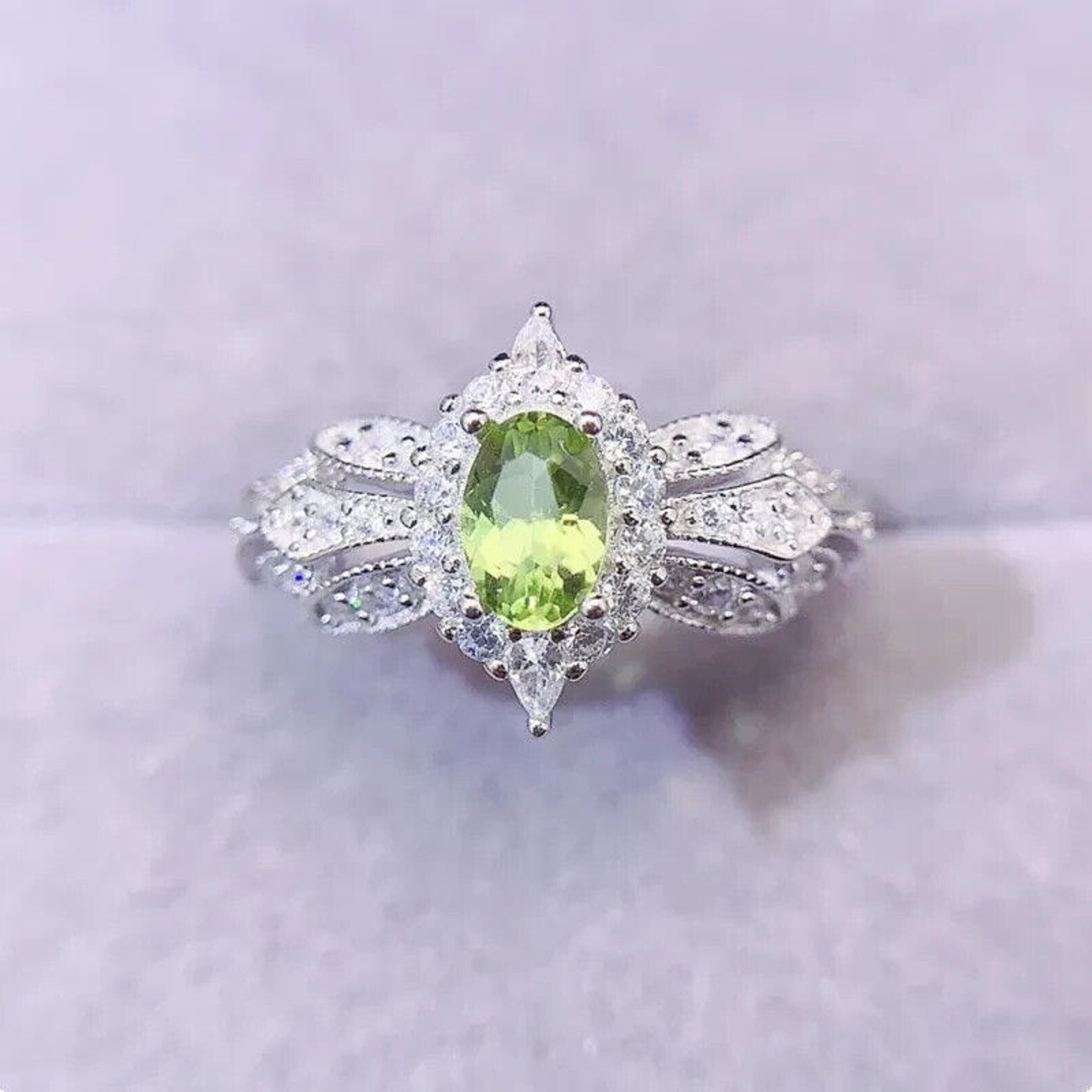 Natural Peridot Gemstone Ring 4x6mm, August Birthstone Peridot Ring Sterling