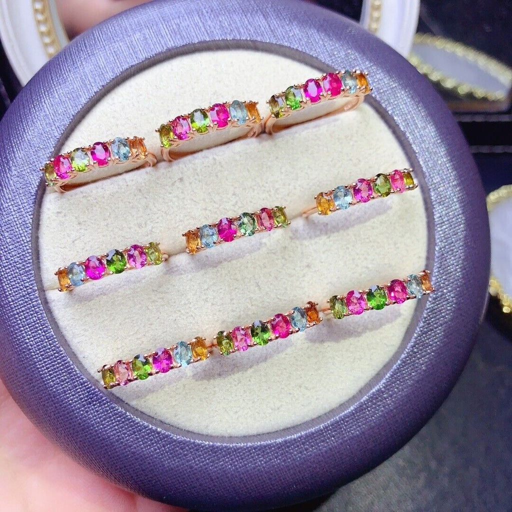 Tourmaline Gemstone Band Ring, Bright Natural Tourmaline Band Ring Silver