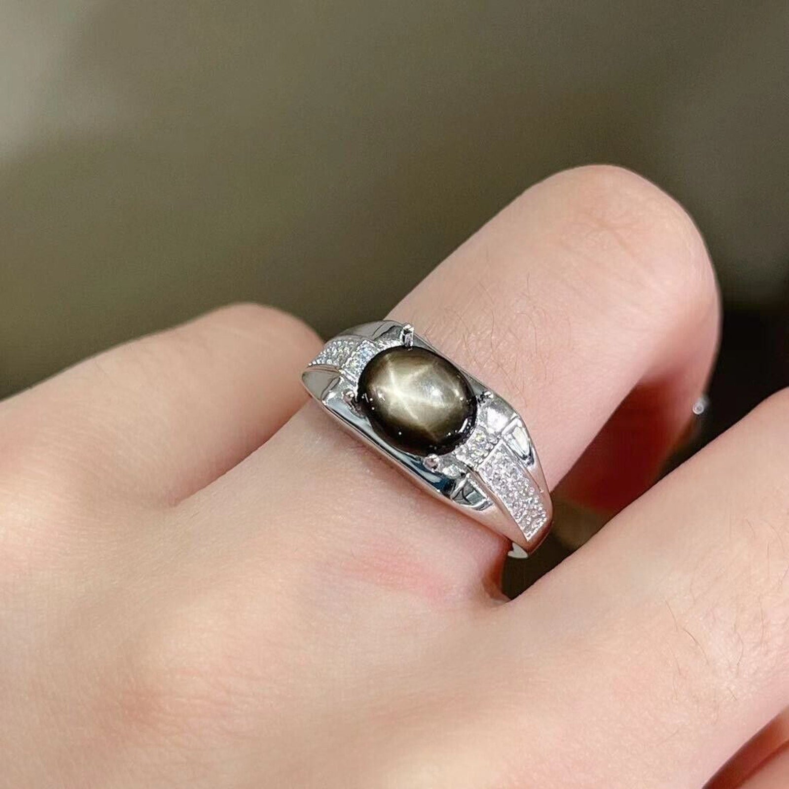 Men's Gray Star Sapphire Ring, 7x9mm Natural Gray Star Sapphire Ring Sterling