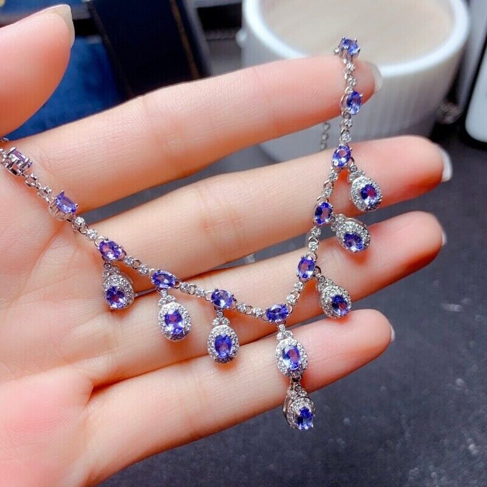 Tanzanite Clavicle Chain Statement Necklace, Purple Tanzanite Charm Necklace