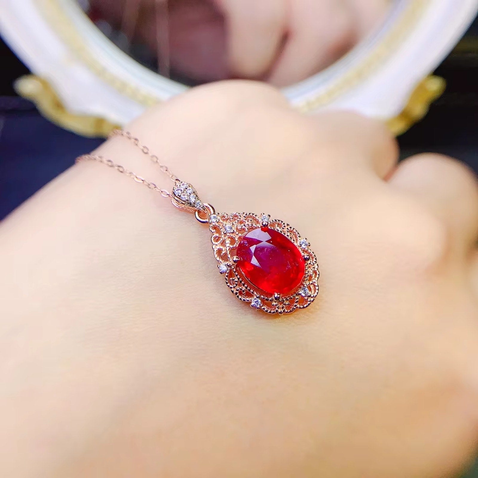 Ruby Pendant Necklace, Natural Ruby Necklace 925 Sterling Silver, Genuine Ruby