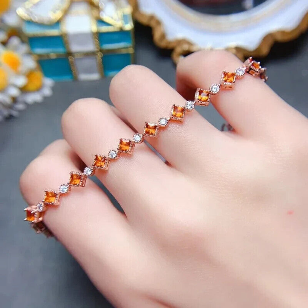 Natural Orange Garnet Tennis Bracelet 3mm, Square Cut Orange Garnet Bracelet