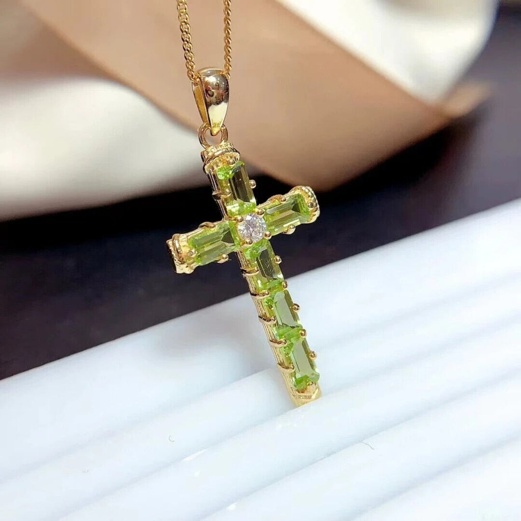 August Birthstone Peridot Gemstone Cross Necklace 3x5mm