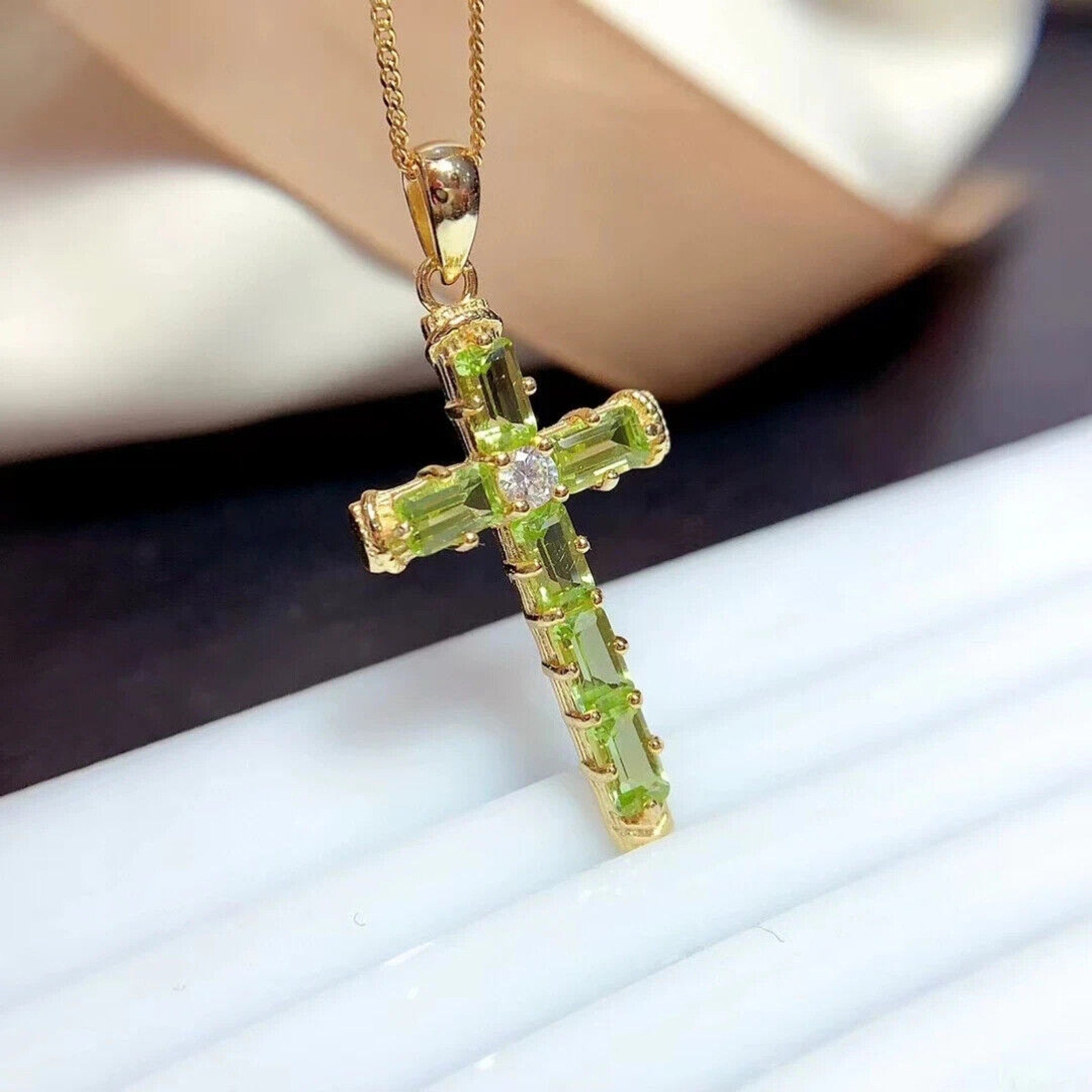 August Birthstone Peridot Gemstone Cross Necklace 3x5mm