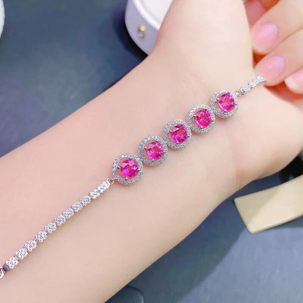 Natural Pink Topaz Gemstone Tennis Bracelet 5mm Platinum Plated Sterling