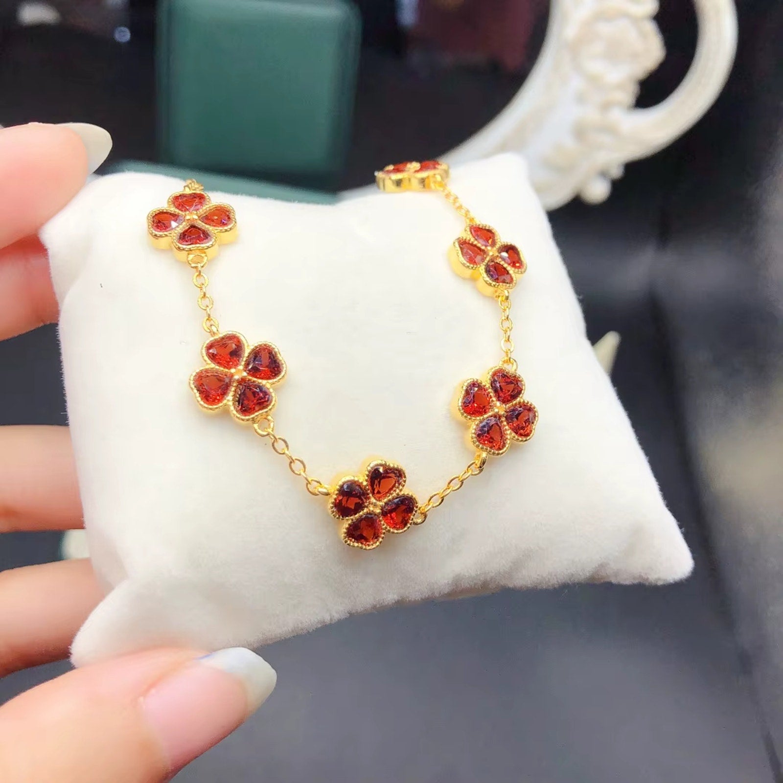 Red Garnet Clover Bracelet, Natural Garnet Gemstone Bracelet 4mm 925 Sterling