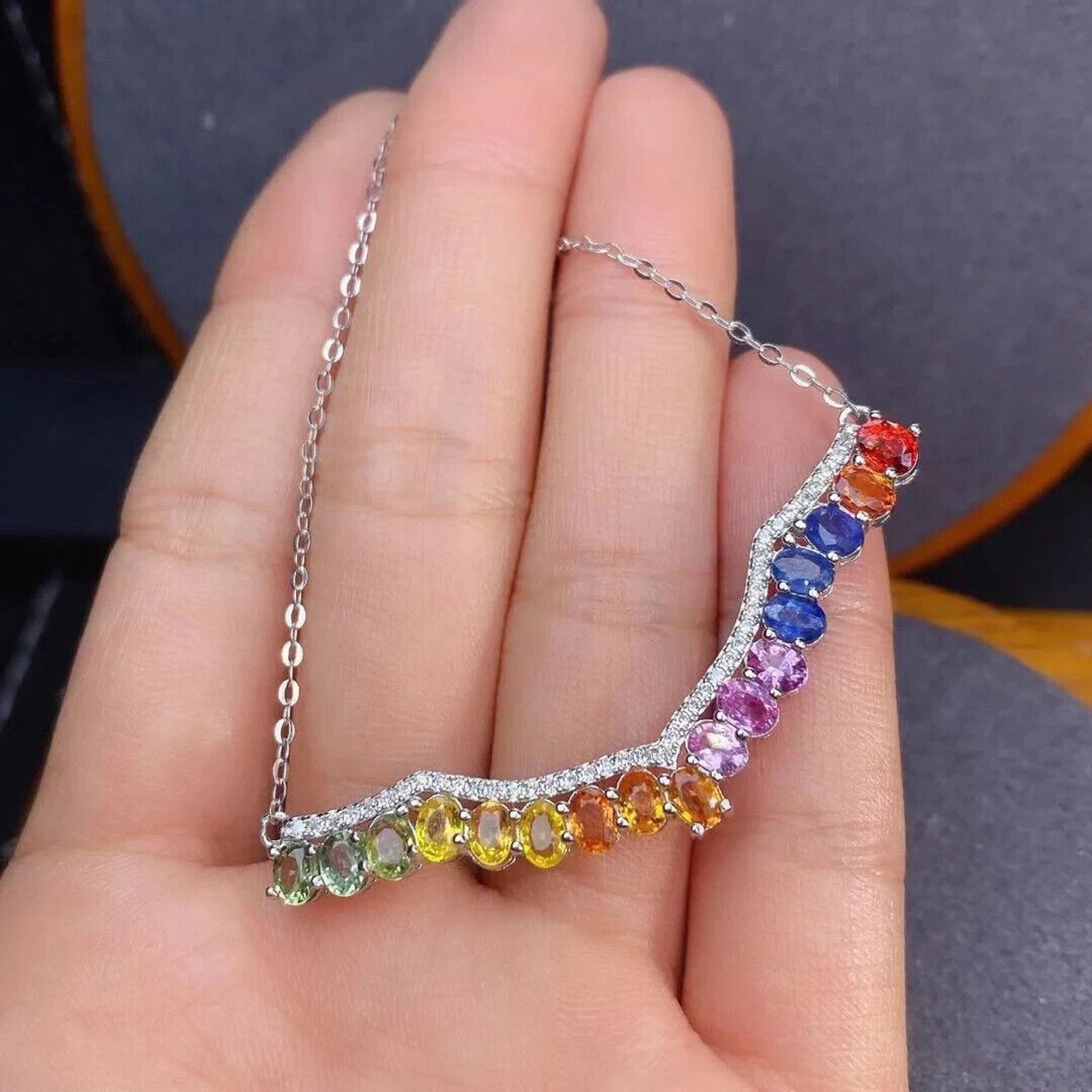 Multicolor Natural Sapphire Clavicle Chain Necklace, Dainty Sapphire Necklace