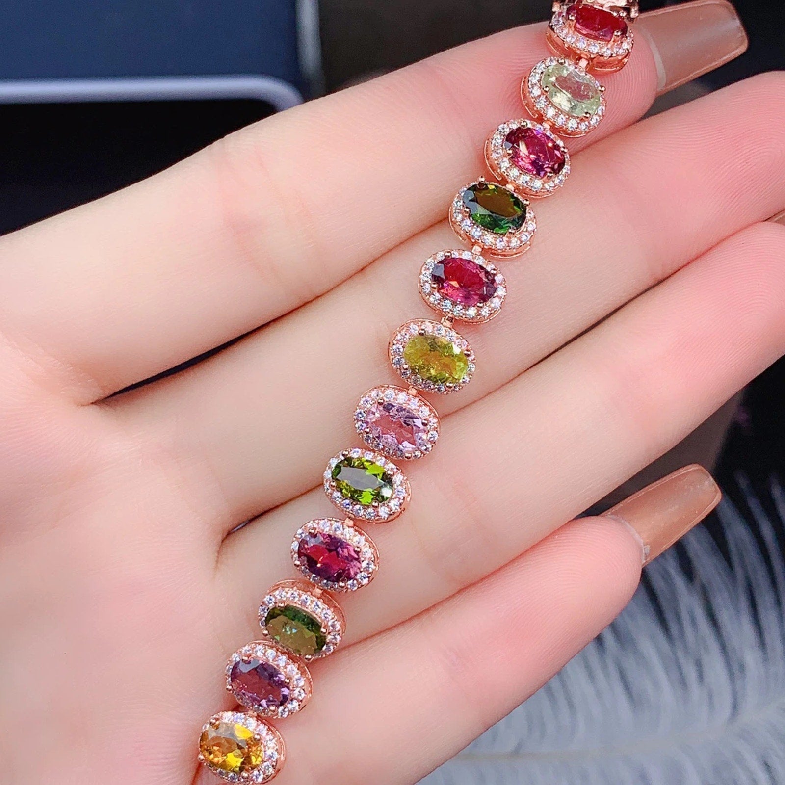 Watermelon Tourmaline 925 Sterling Silver Bracelet, Tourmaline Bracelet CZ