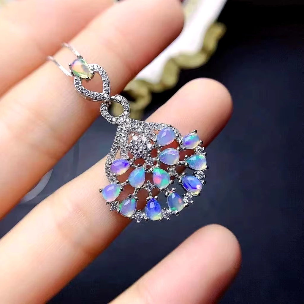 Fire Opal Cluster Pendant Necklace 925 Sterling Silver