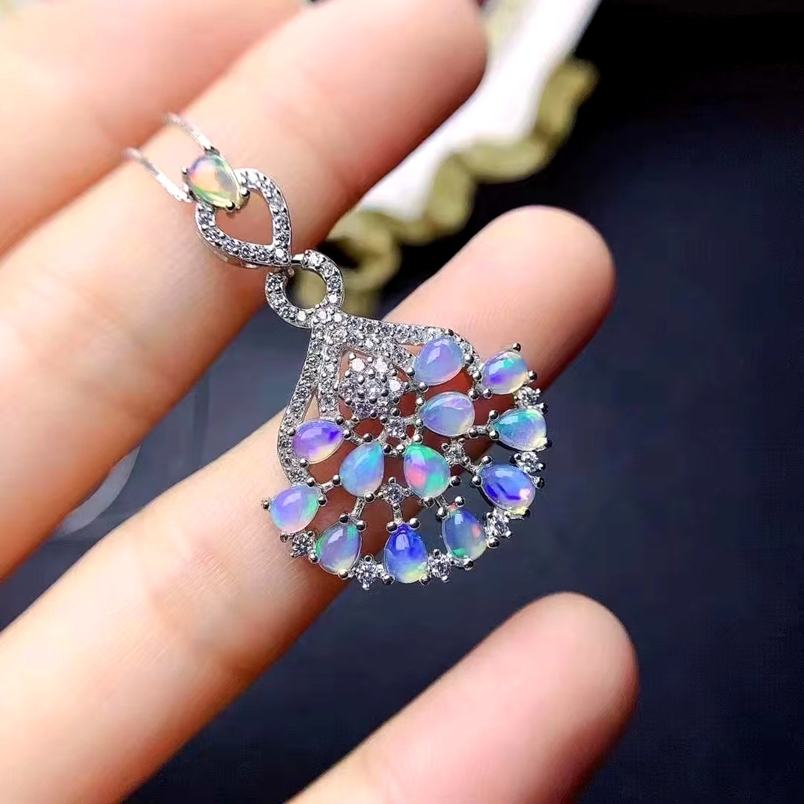 Fire Opal Cluster Pendant Necklace 925 Sterling Silver