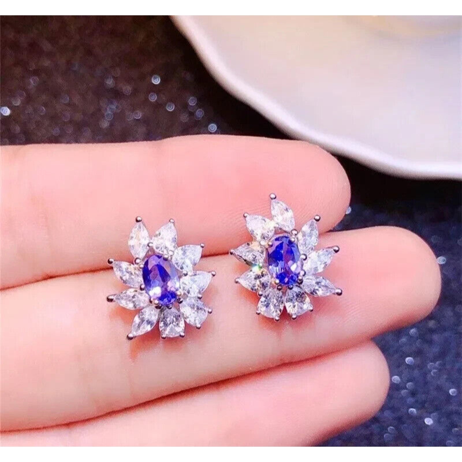VVS1 Purple Tanzanite Cluster Stud Earrings 4x6mm, Tanzanite Stud Earrings