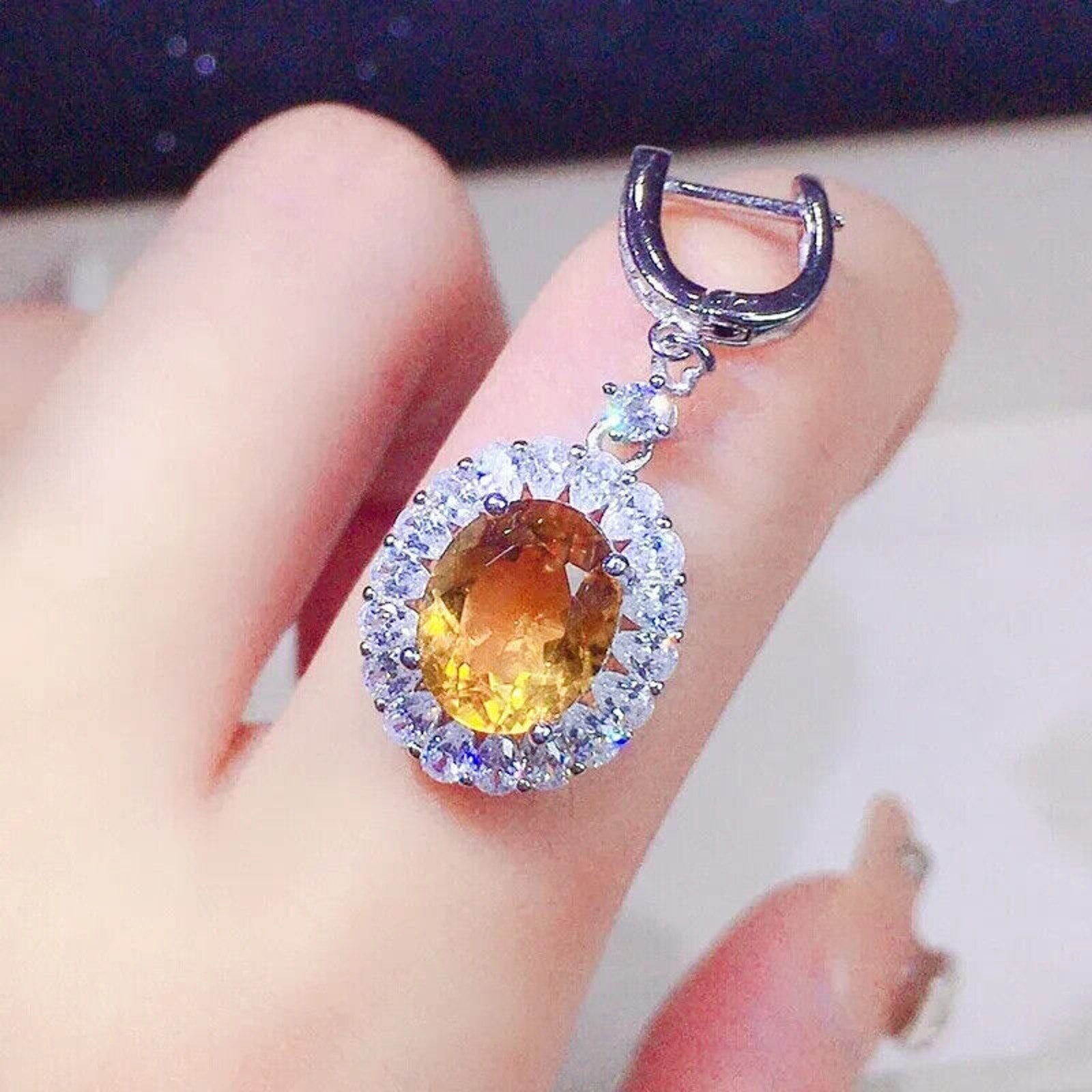 Natural Citrine Oval Cut Dangle Earrings 8x10mm, Citrine Statement Earrings