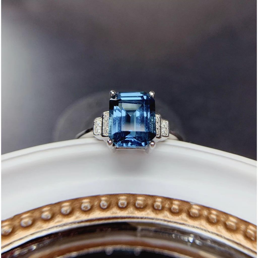 Emerald Cut London Blue Topaz Ring 925 Sterling Silver, London Blue Topaz 7x9mm