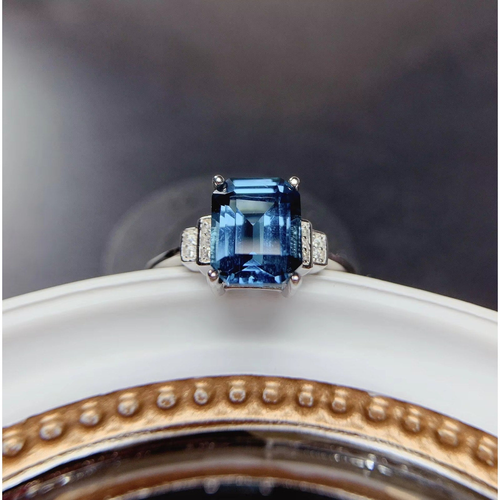 Emerald Cut London Blue Topaz Ring 925 Sterling Silver, London Blue Topaz 7x9mm