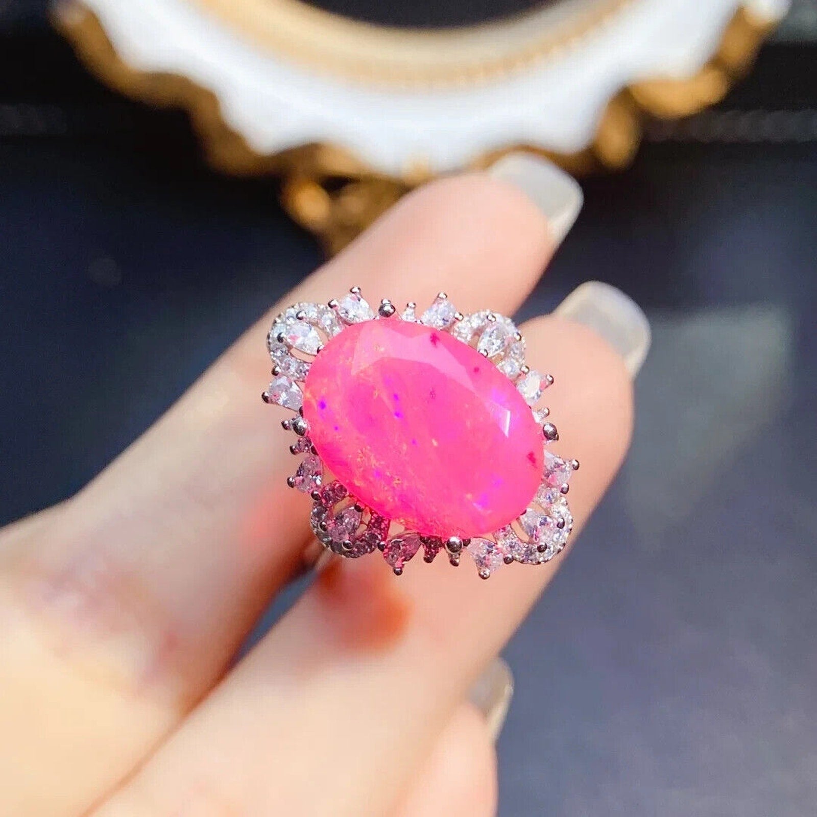 Pink Fire Opal Large Statement Ring 11x15mm, Natural Pink Fire Opal Ring