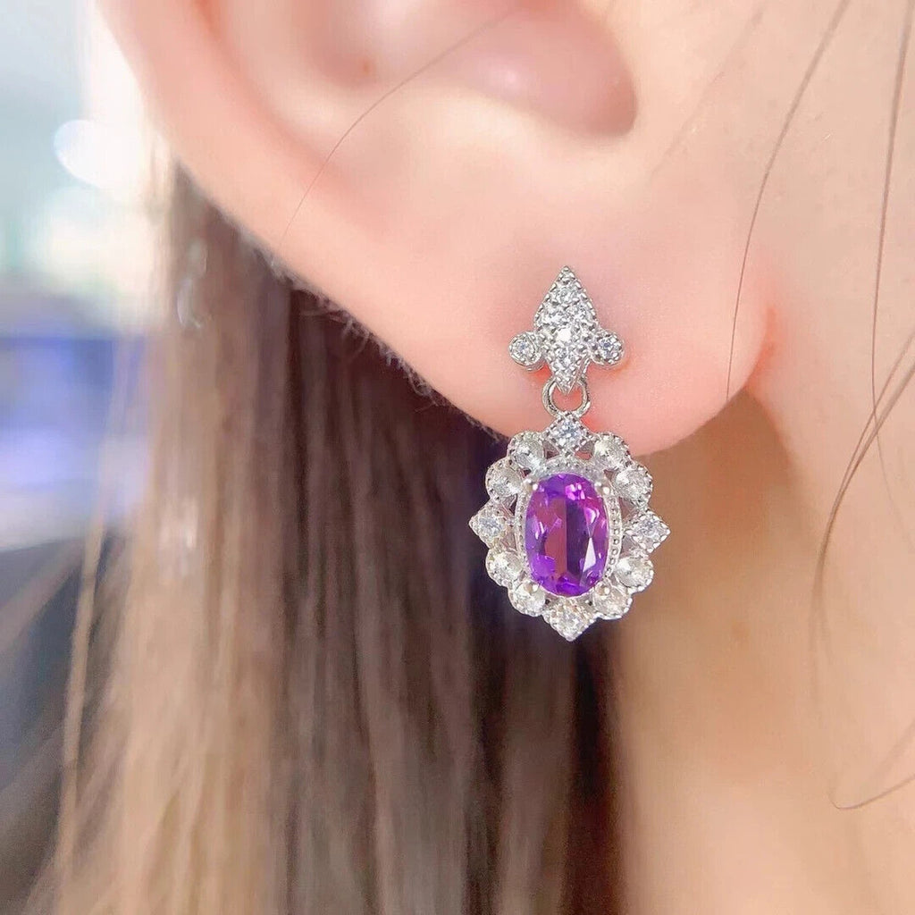 Amethyst Dangle Earrings 4x6mm Platinum Plated, Purple Amethyst Earrings