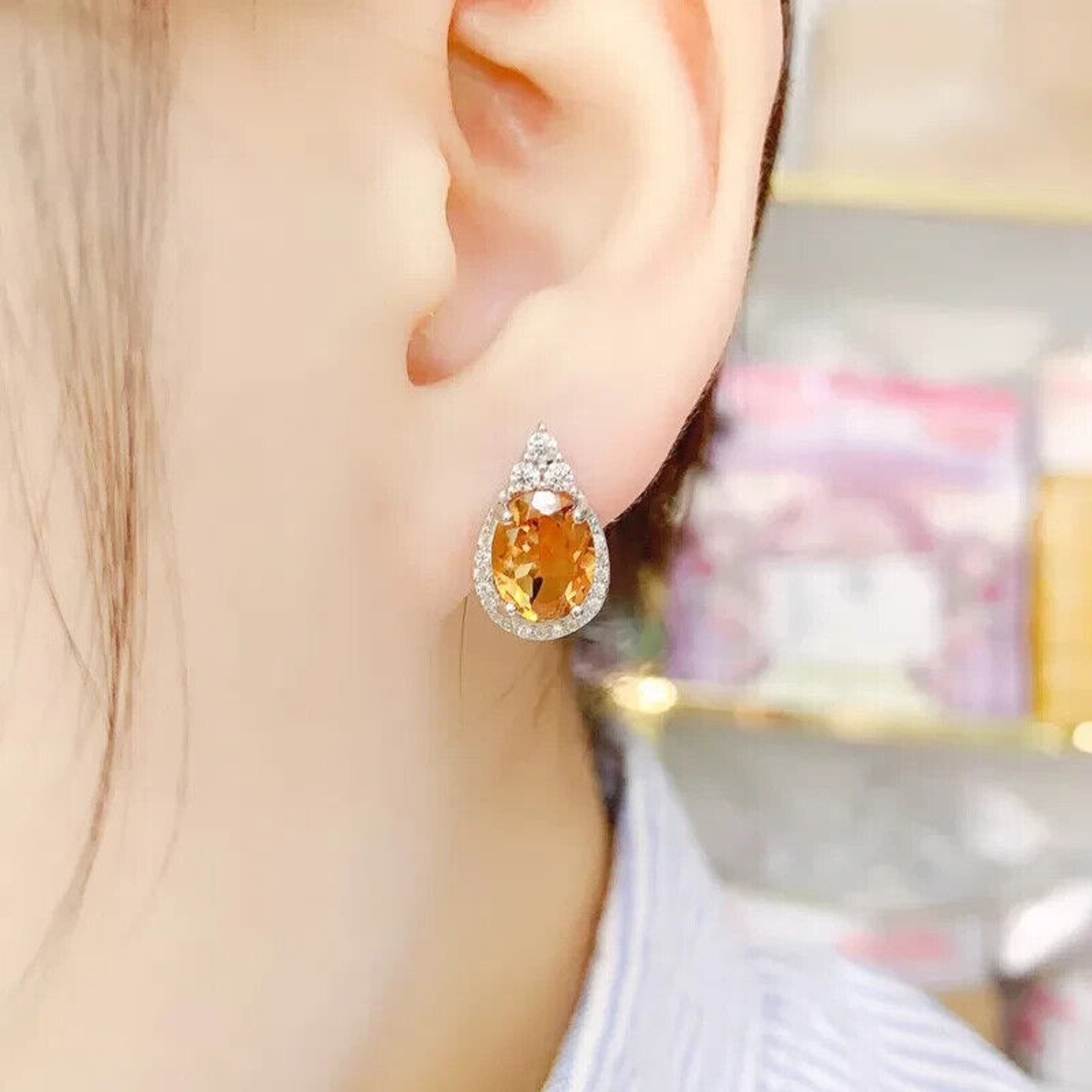 Natural Citrine Gemstone Earrings 7x9mm Oval Cut