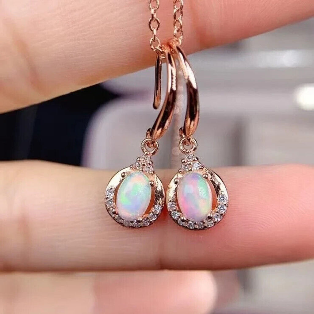 Rose Gold Fire Opal Dangle Earrings, Dainty Opal Dangle Earrings Sterling