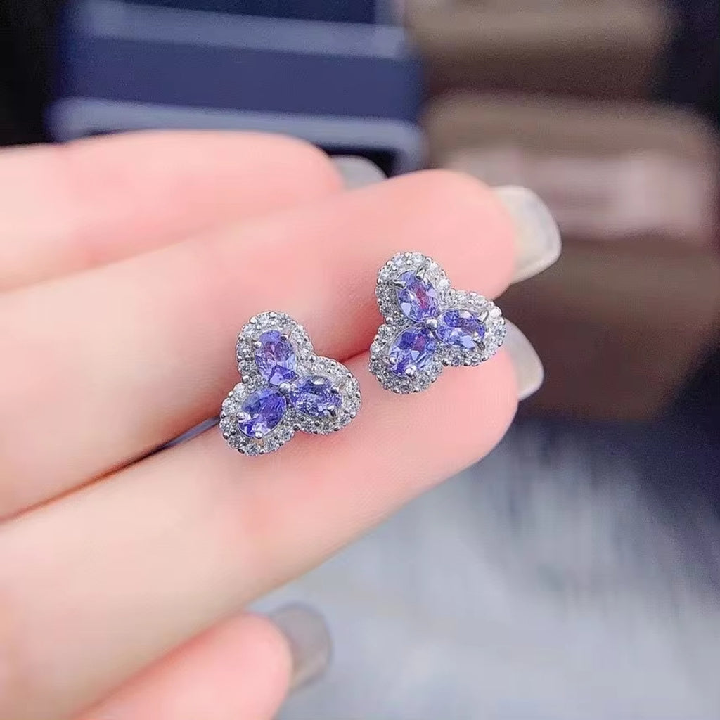 Purple Tanzanite Earrings, Tanzanite Gemstone Flower Earrings Sterling Silver