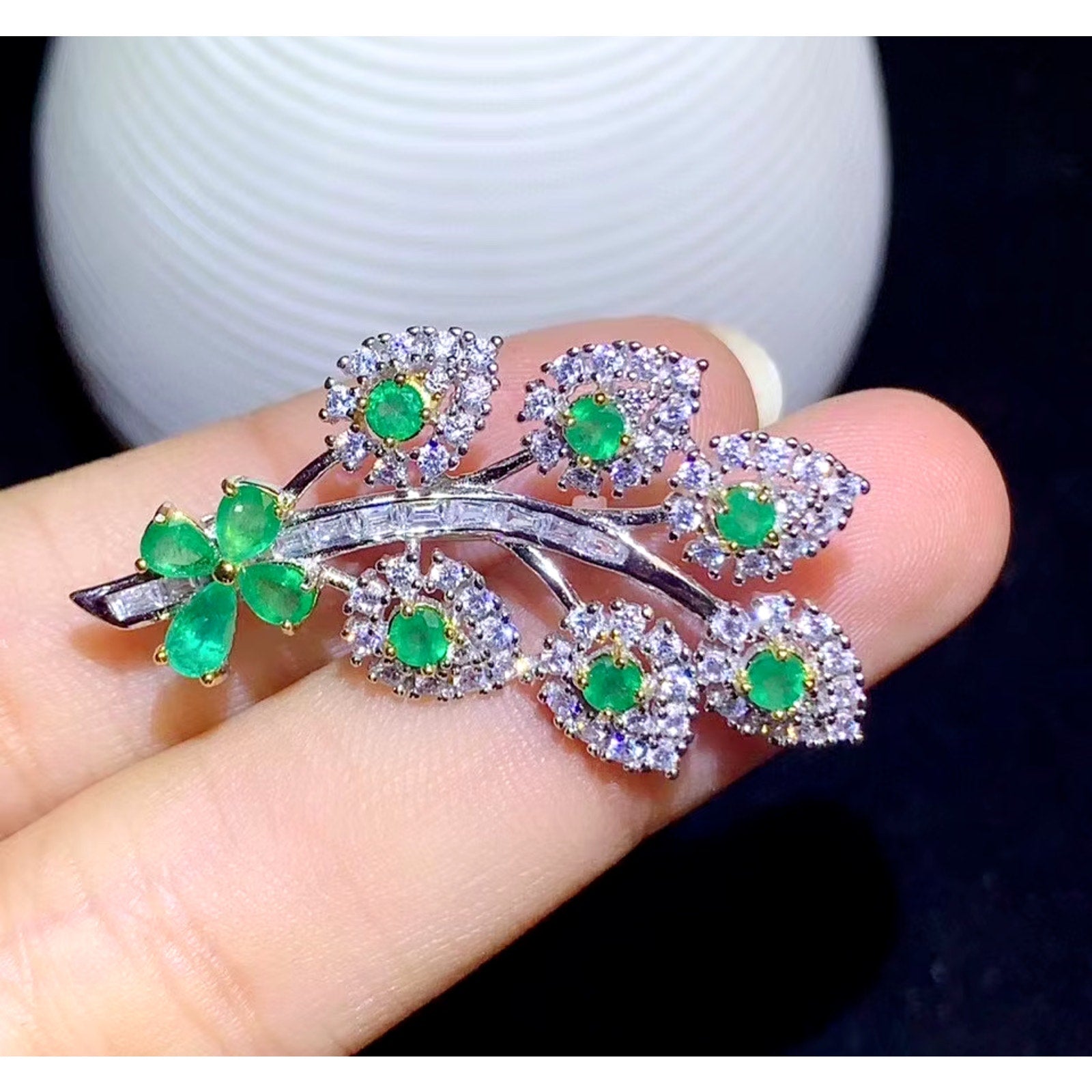 Natural Emerald Brooch Pin, Womens Emerald Flower Brooch Sterling Silver