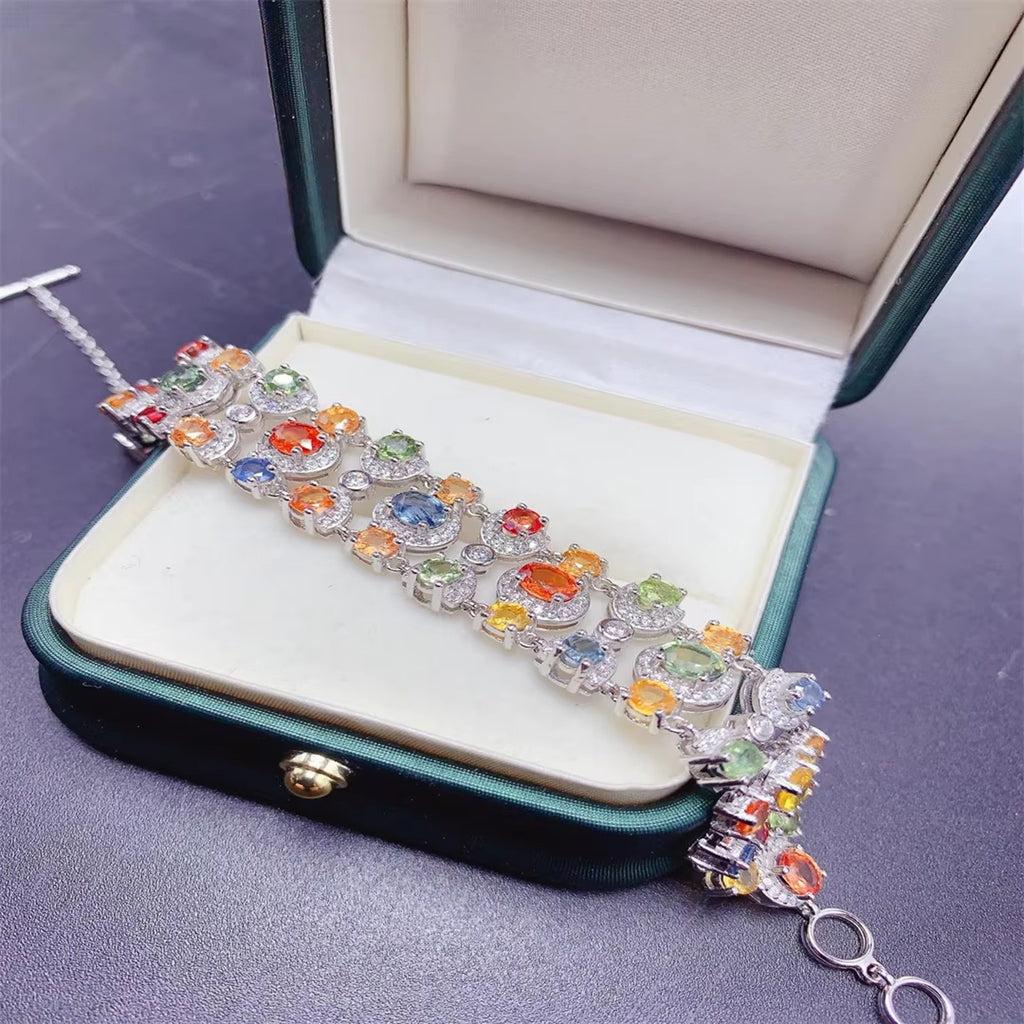 Colorful Sapphire Gemstone Tennis Bracelet, Natural Sapphire Bracelet Silver