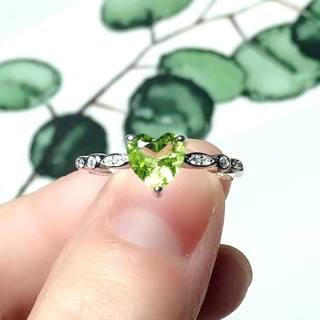 Natural Peridot Heart Ring, August Birthstone Peridot Ring 925 Sterling Silver