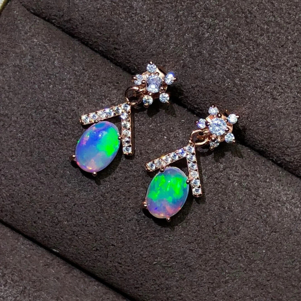 Women's Opal Dangle Earrings, Natural Fire Opal Dangle Earrings 5x7mm