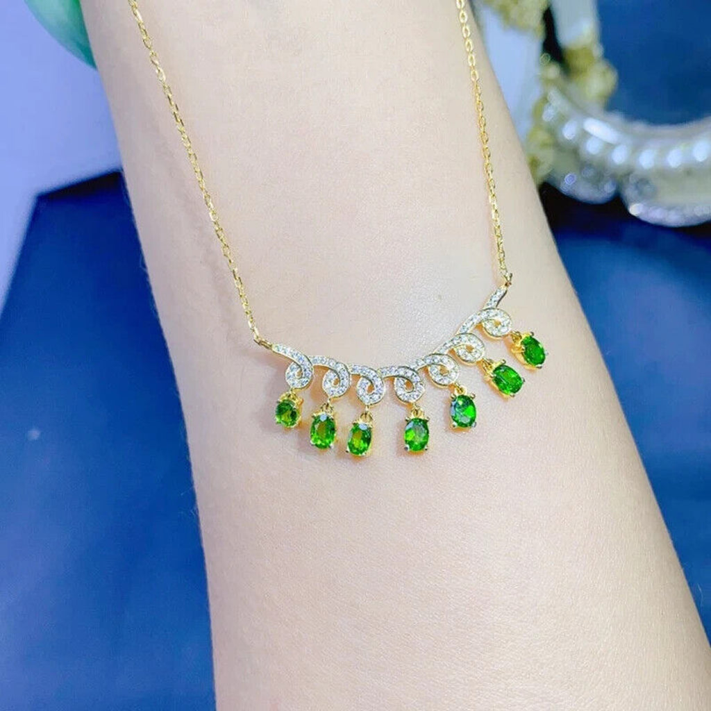 Natural Diopside Gemstone Charm Necklace, Chrome Diopside Necklace Sterling