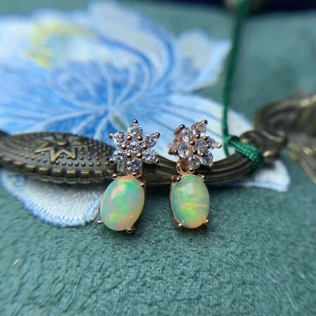Dangle Earrings Opal, Opal Gemstone Silver, Natural Opal Earring 6x8mm