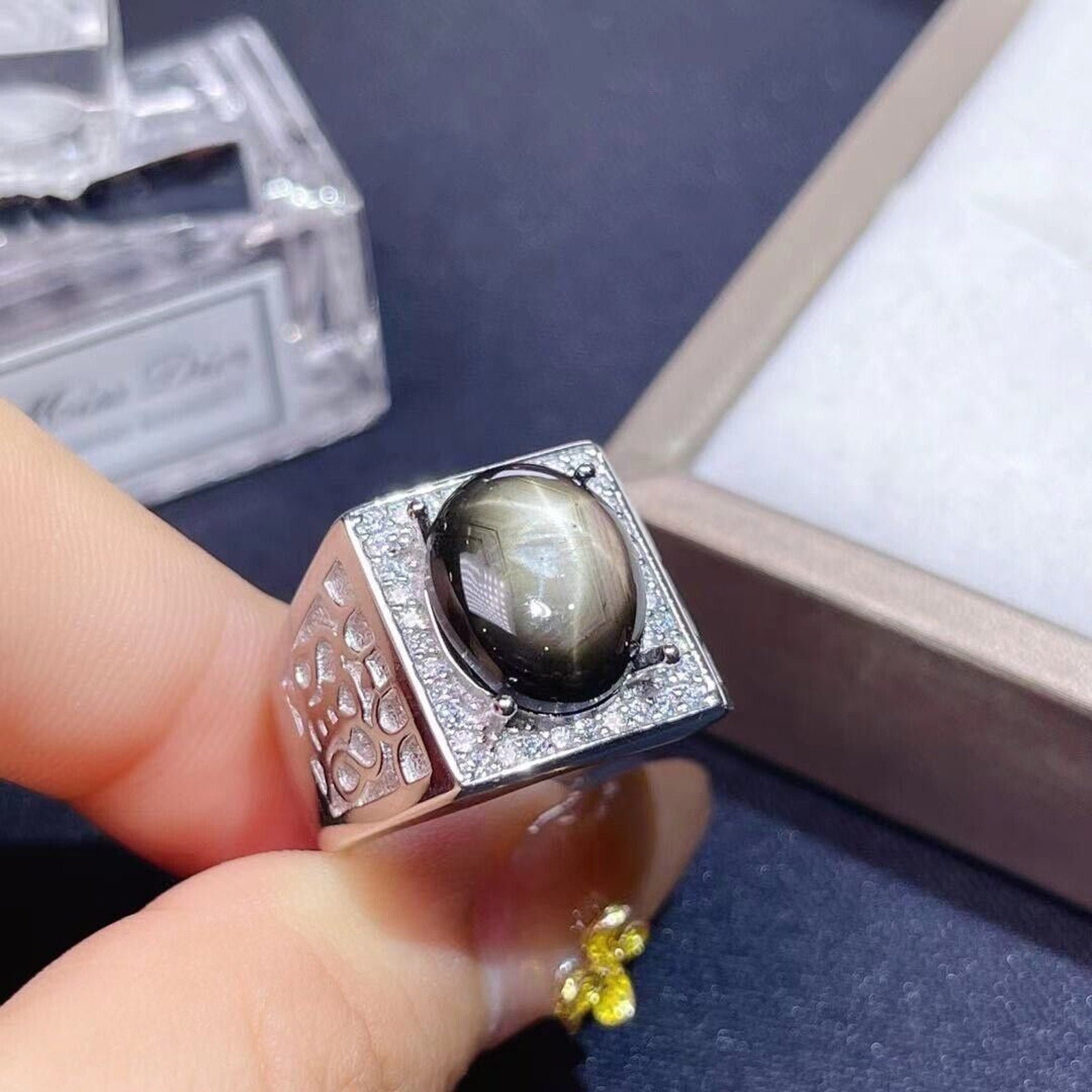 Men's Gray Star Sapphire Big Ring, 10x12mm Men's Star Sapphire Ring Platinum