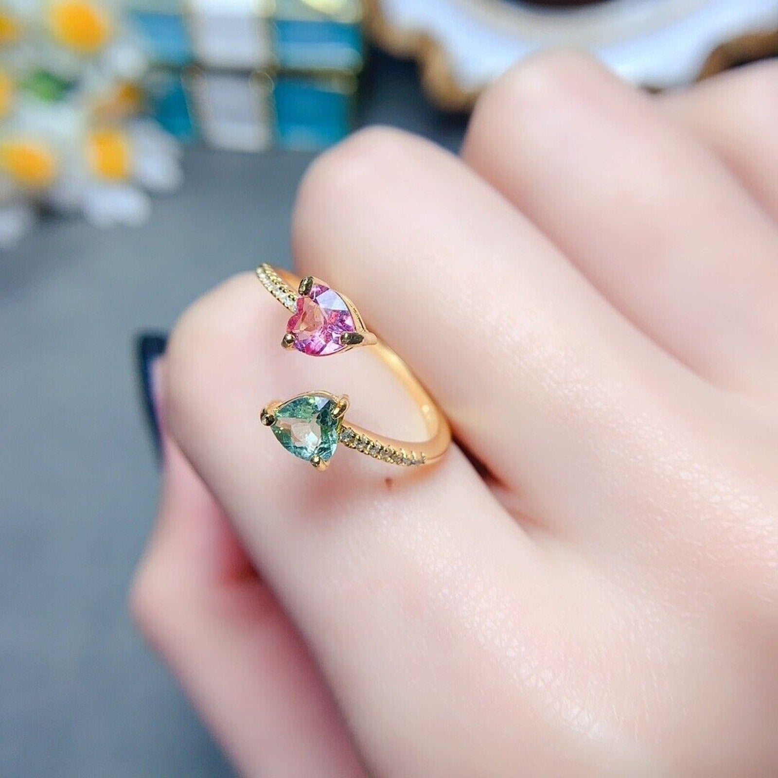 Tourmaline Dainty Heart Ring, Two Stone Colorful Tourmaline Gemstone Ring