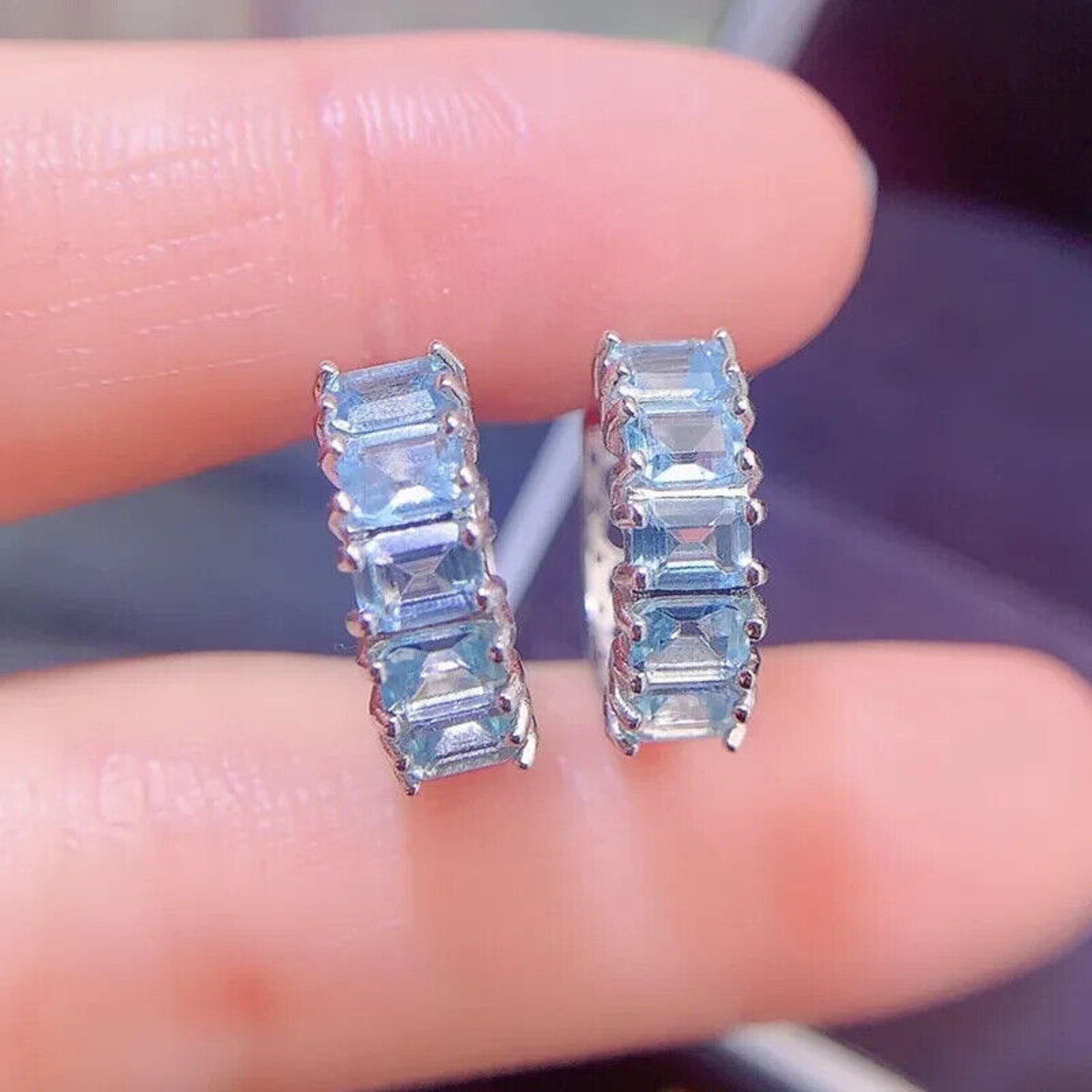 Blue Topaz Hoop Earrings, Sterling Silver Blue Topaz Earrings 3x4mm