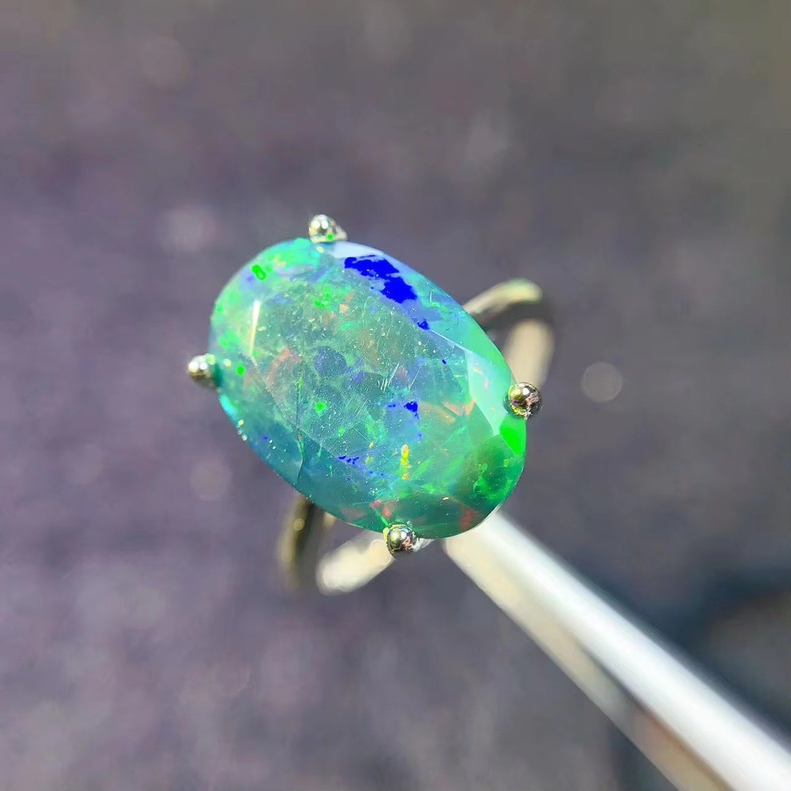 Faceted Black Opal Ring, Australian Fire Opal Statement Ring Sterling Silver