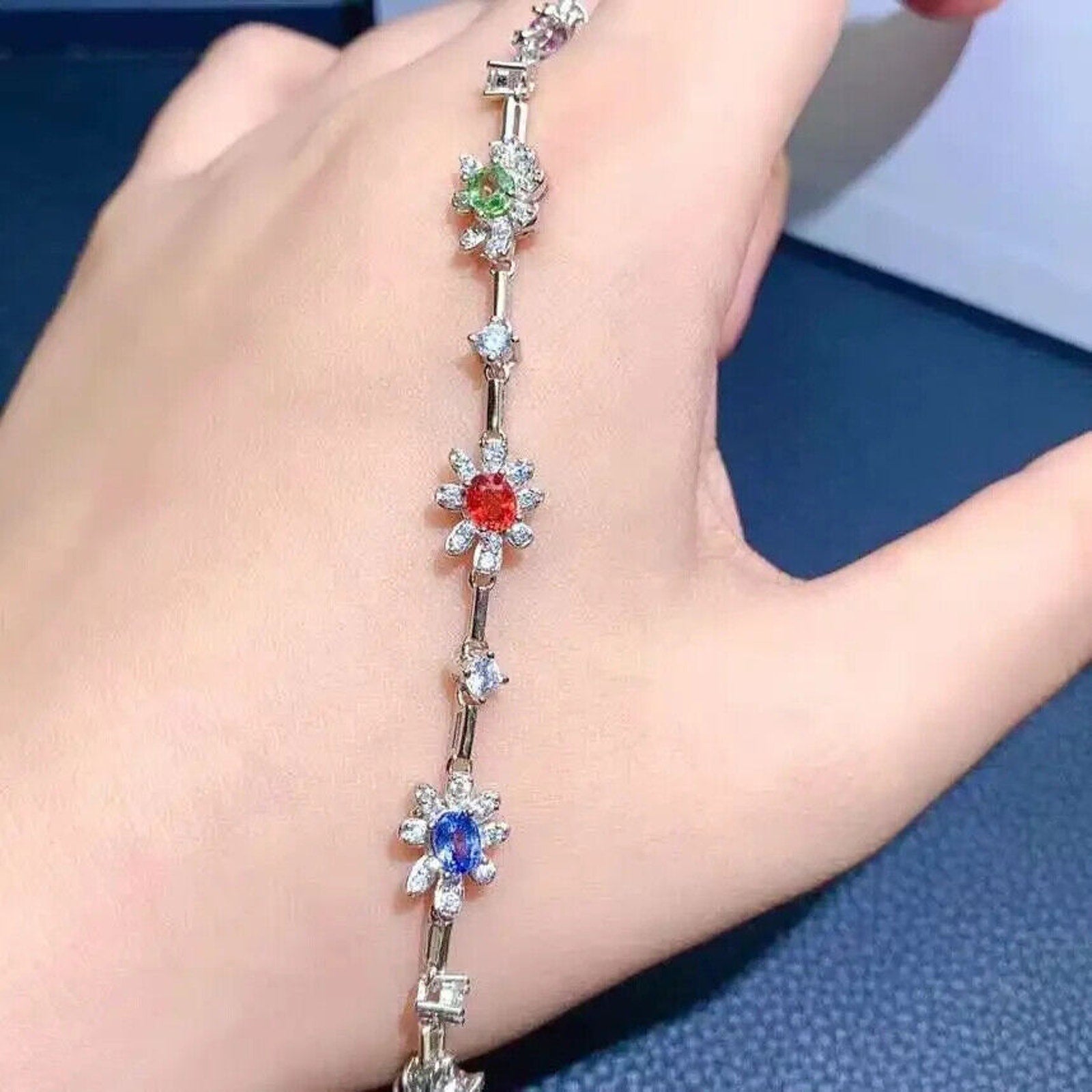 Colorful Dainty Sapphire Flower Tennis Bracelet, Natural Sapphire Gemstone