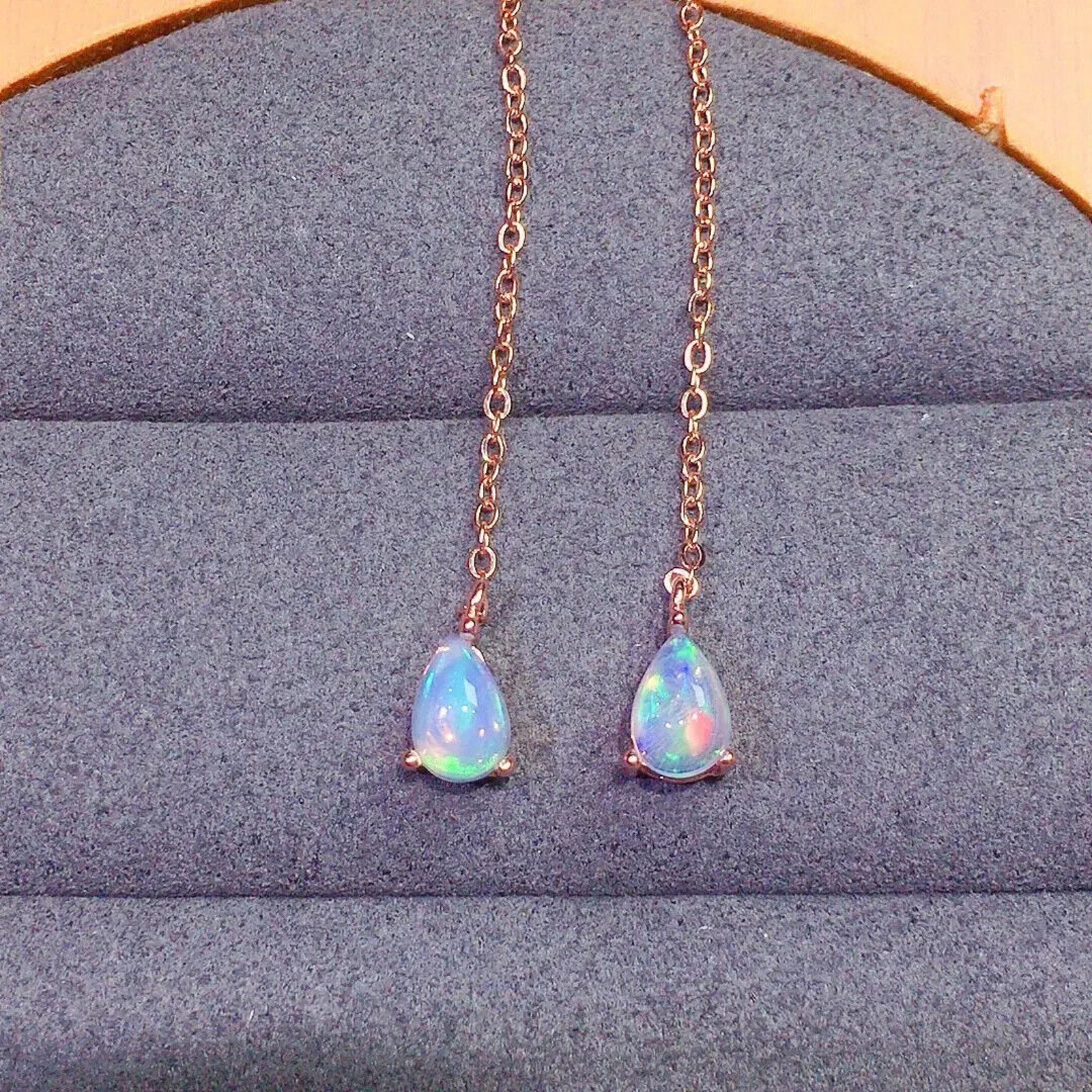 Colorful Opal Chain Dangle Earrings 4x6mm, Fire Opal Long Dangle Earrings