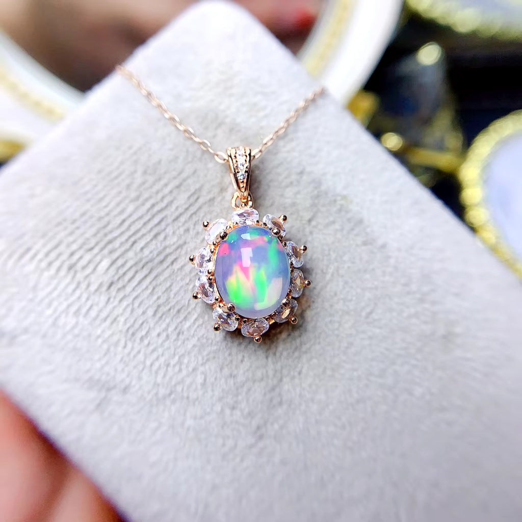 Natural Fire Opal Pendant Necklace, Women's Opal Pendant Necklace 8x10mm