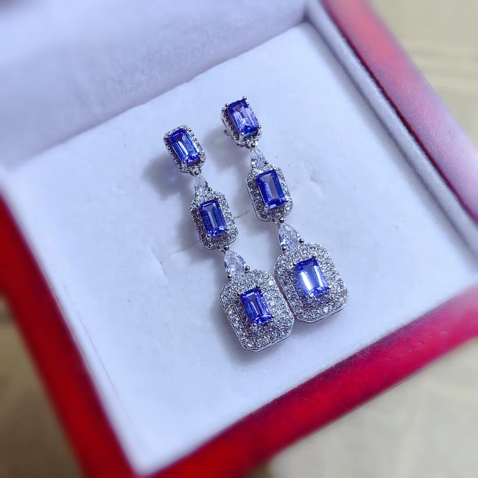 Emerald Cut Purple Tanzanite Drop Dangle Earrings, VVS Grade Tanzanite Earrings