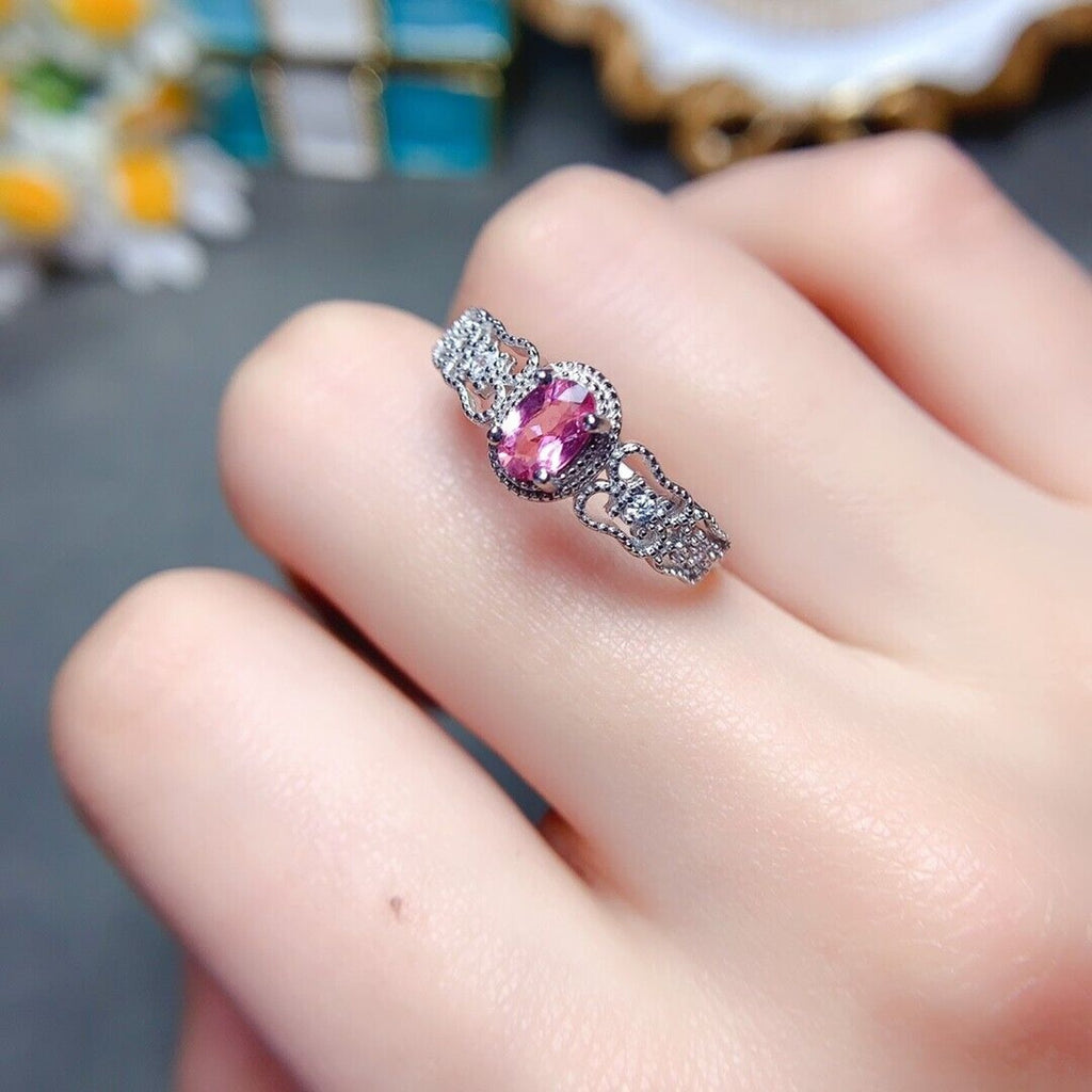 Dainty Pink Tourmaline Gemstone Ring 4x6mm Platinum Plated Silver