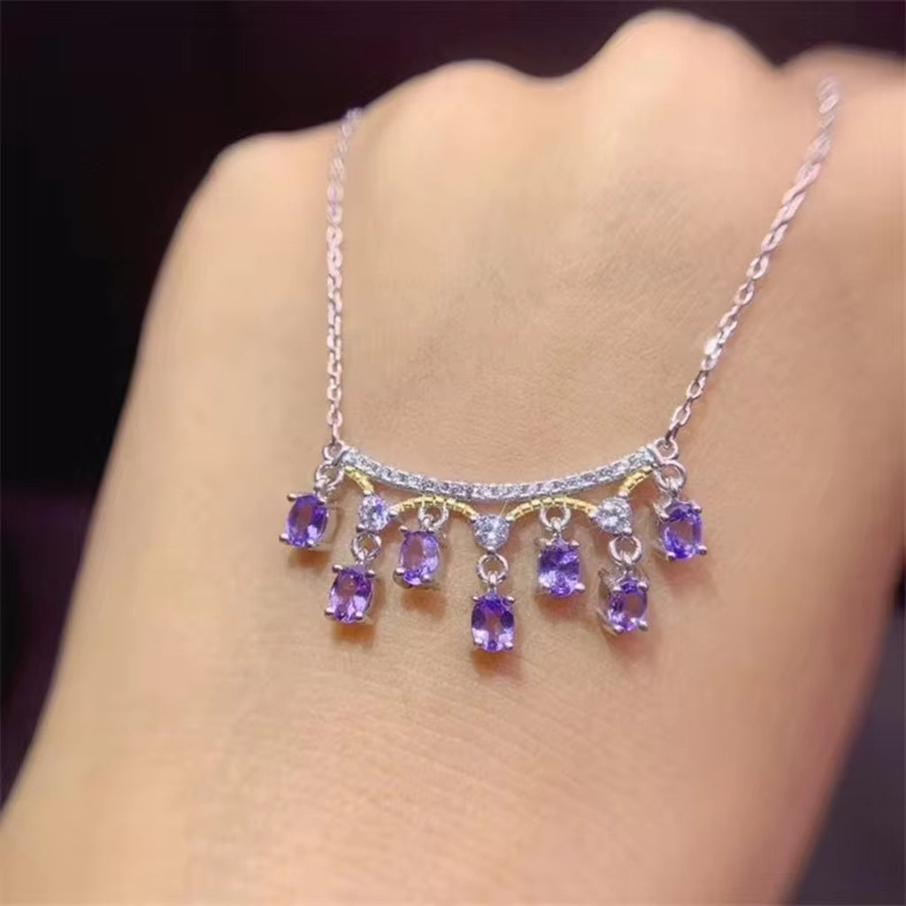 Tanzanite Necklace, Dainty Purple Tanzanite Charm Necklace Sterling Silver 3x4mm