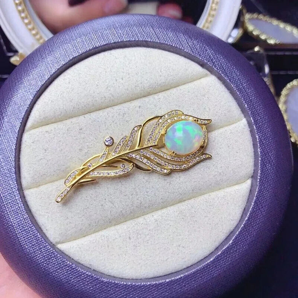 Australian Opal Feather Brooch Pin, Women's Natural Opal Brooch Sterling Silver