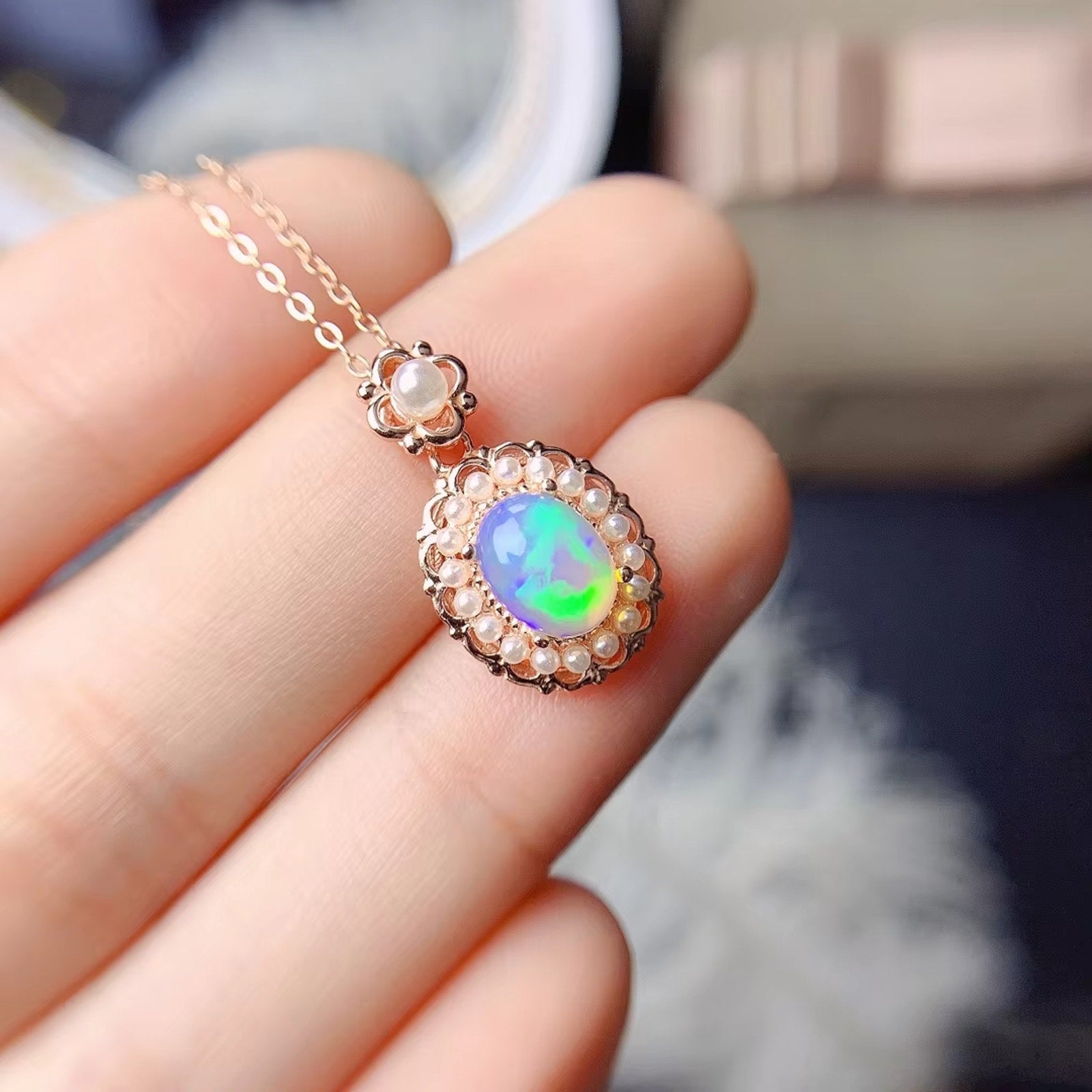 Fire Opal and Faux Pearl Jewelry Set, Natural Fire Opal Necklace and Ring