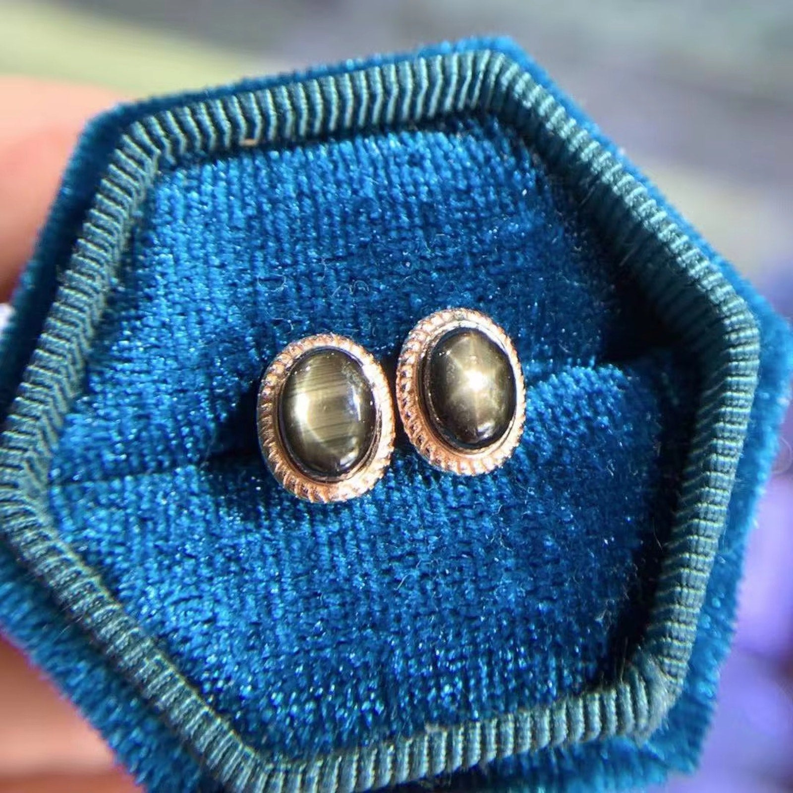 Star Sapphire Earrings, Natural Star Sapphire Stud Earrings 5x7mm Sterling