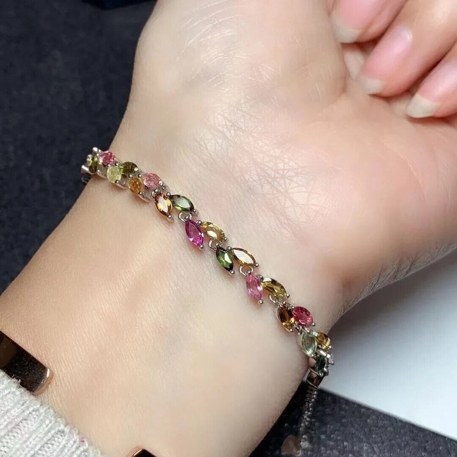 Colorful Tourmaline Gemstone Leaf Bracelet, Dainty Natural Tourmaline Bracelet