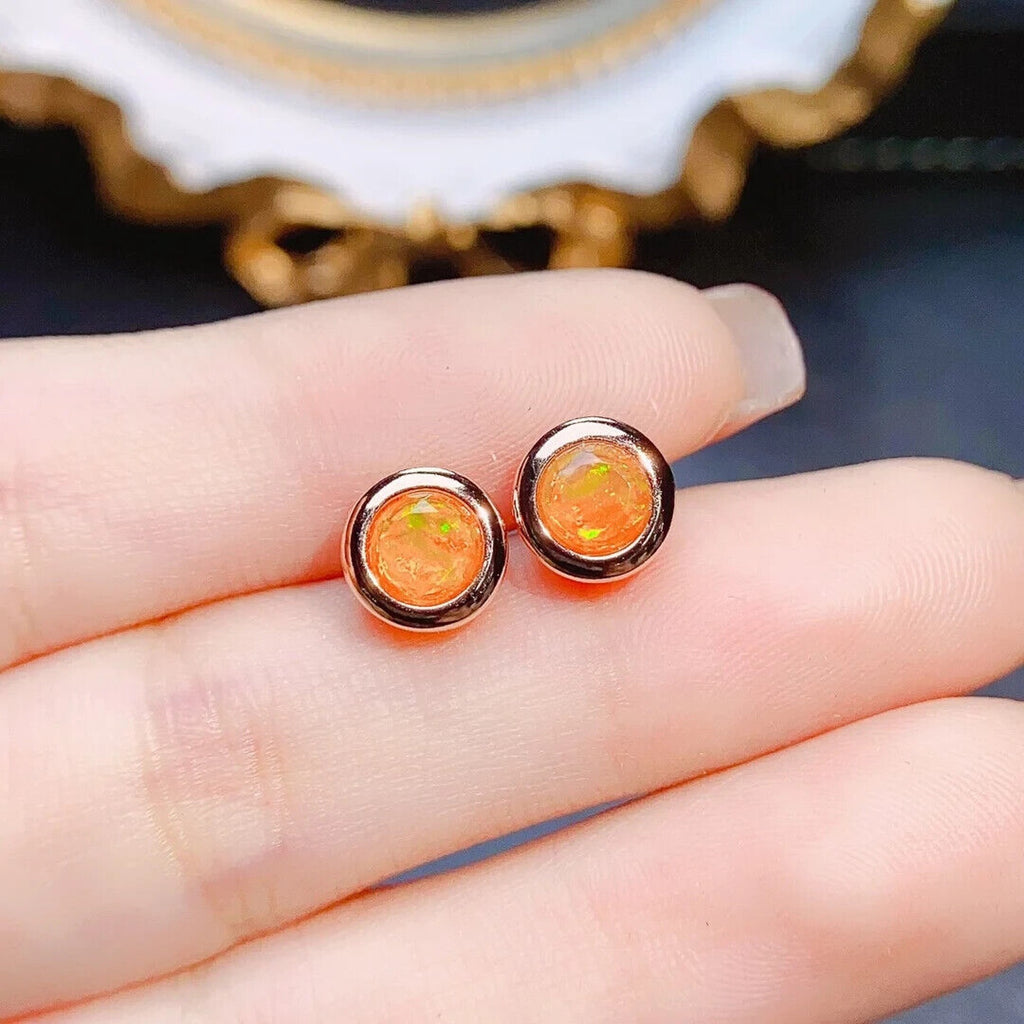 Orange Fire Opal Bezel Setting Stud Earrings 5mm, Orange Fire Opal Earrings
