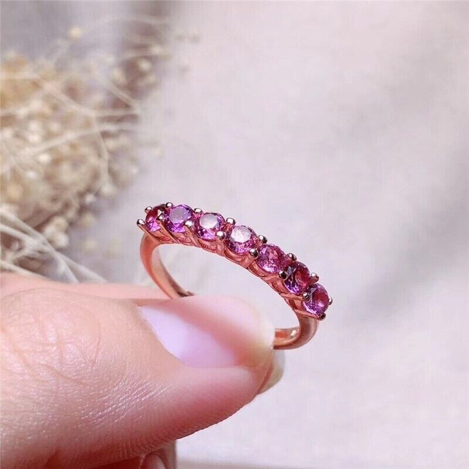 Pink Garnet Eternity Ring, Natural Garnet Ring, Women's Sterling Silver Garnet